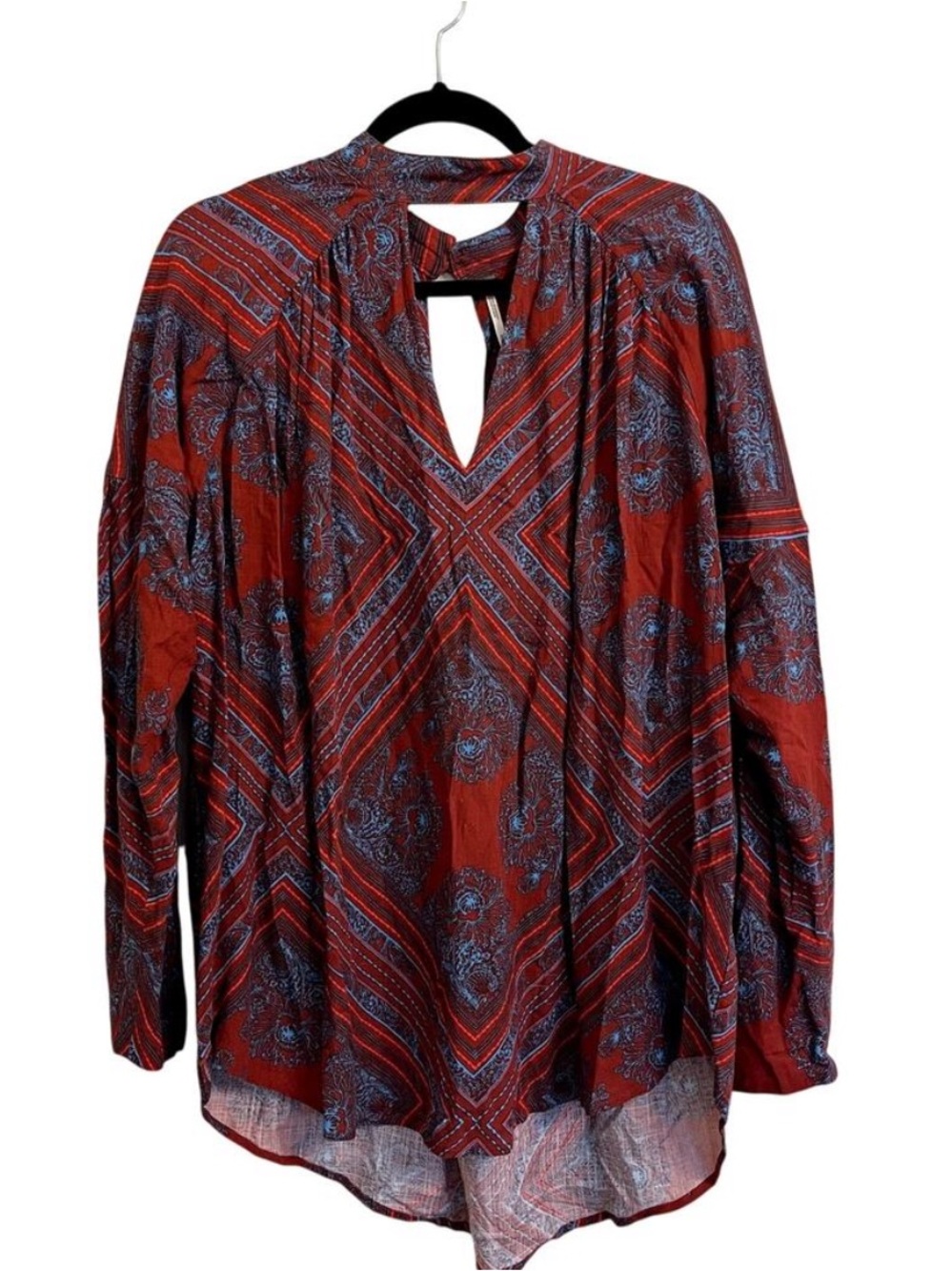 Free People Rust Red and Blue Paisley Keyhole Blouse